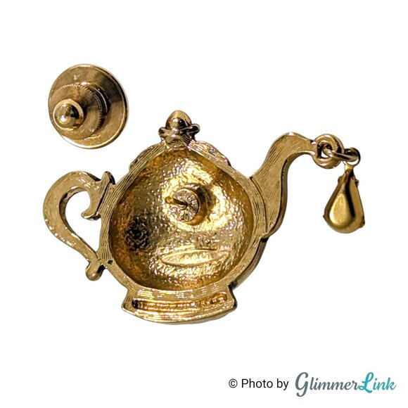 Vintage 1994 Avon Tea Time Tac Pin Gold Teapot Brooch Crystal Drop Book Piece - Picture 5 of 8